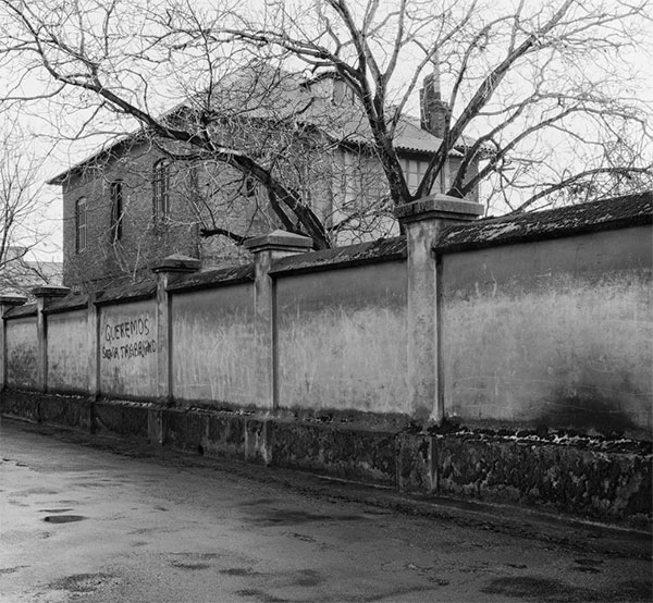 En la imagen, un caserón y una tapia sobre la que asoma un árbol sin hojas. En la tapia se lee "queremos seguir trabajando". Es obra de Carlos Cánovas, perteneciente a su exposición En el tiempo