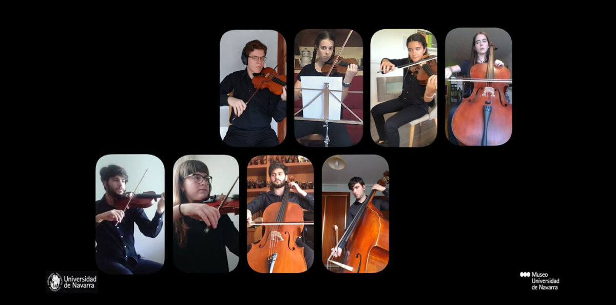 En la imagen un fotograma del vídeo en el que se muestran los miembros de la sección de cuerda de la Orquesta Sinfónica Universidad de Navarra